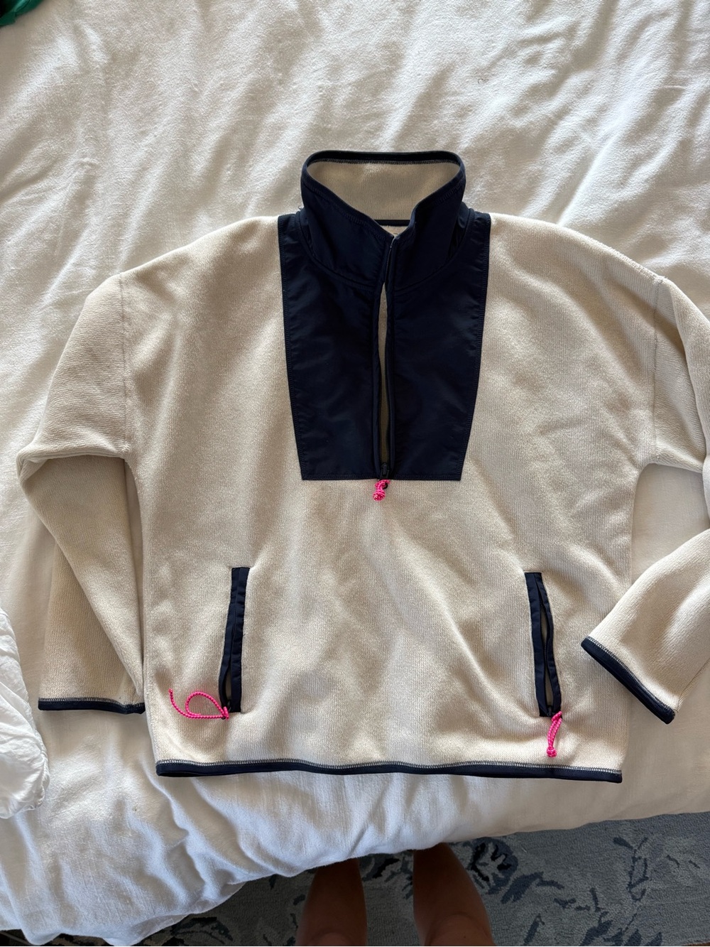 J. Crew Cream Fleece Pullover with Navy Trim and Pink Accents